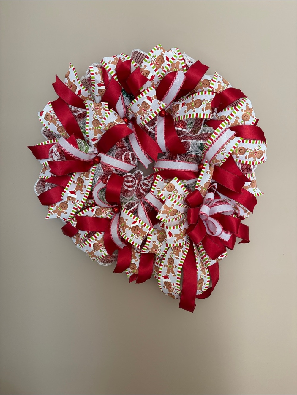 Holiday Gingerbread Ribbon Wreath in Red and White